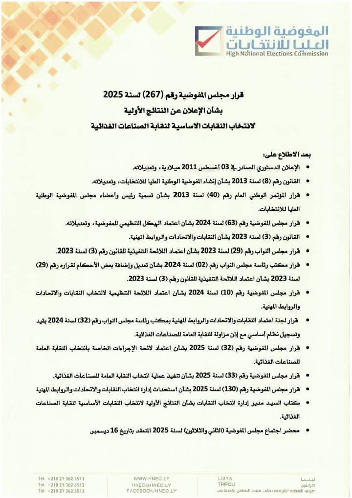 قرار بشأن الإعلان عن النتائج الأولية لانتخاب النقابات الأساسية لنقابة الصناعات الغذائية