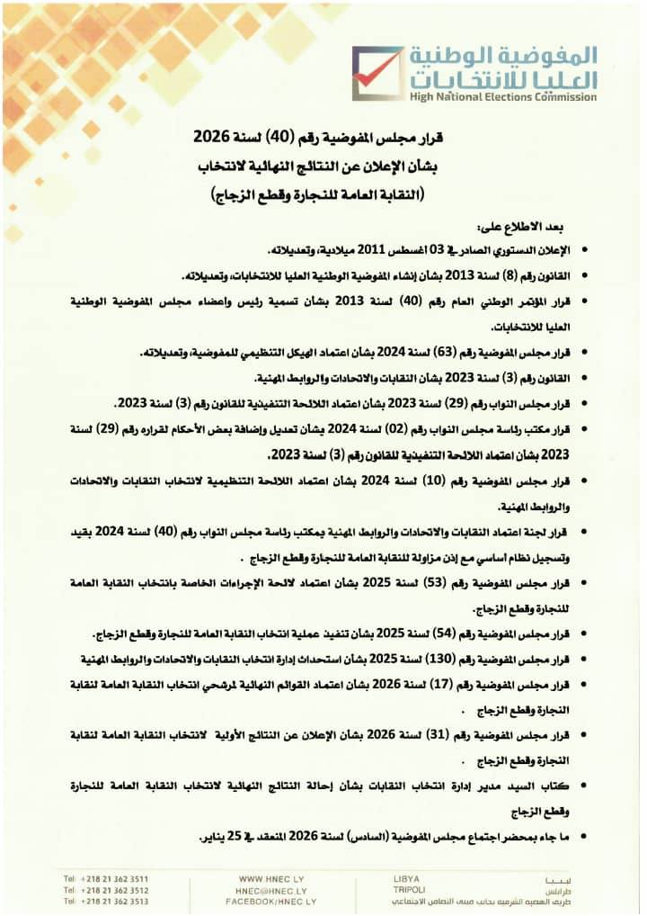 قرار مجلس المفوضية رقم (40) لسنة 2026،بشأن الإعلان عن النتائج النهائية لانتخاب (النقابة العامة للنجارة وقطع الزجاج)