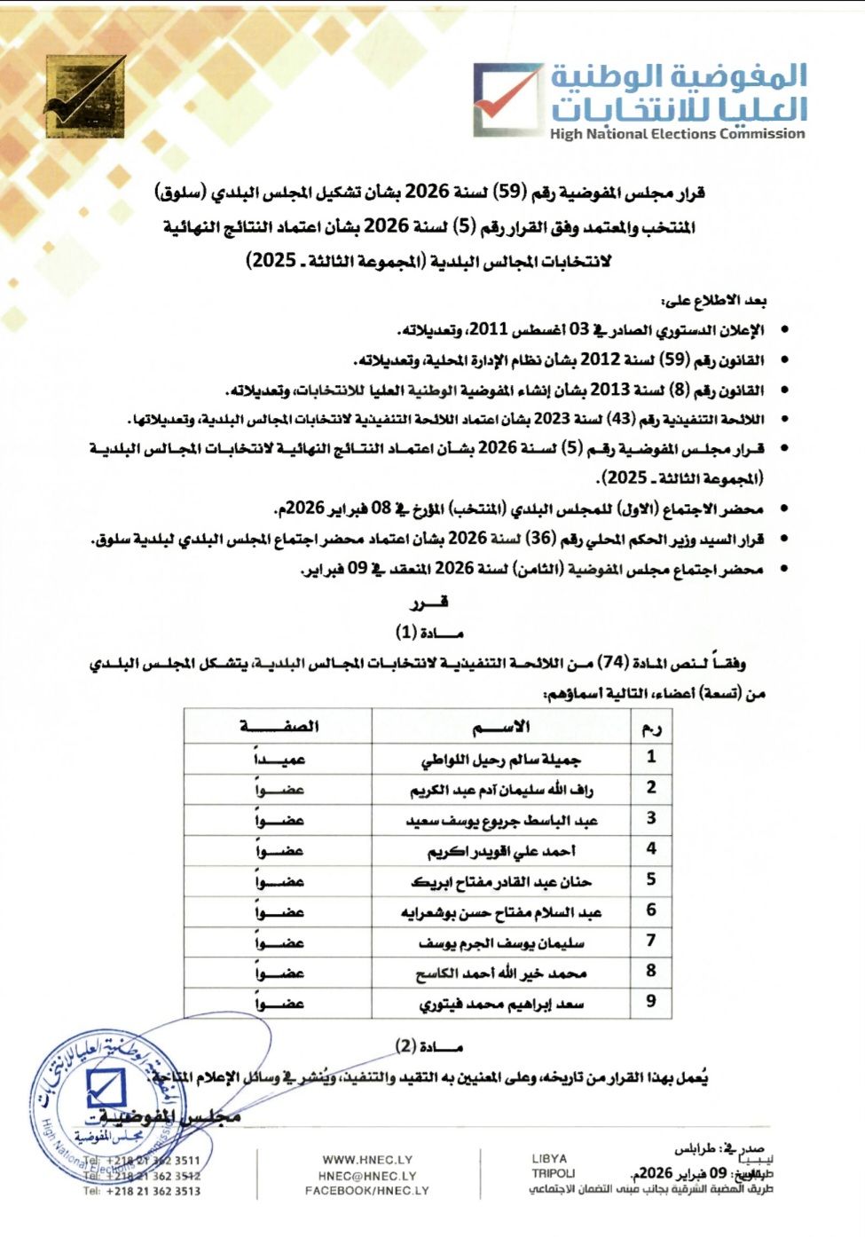 قرار رقم (59) لسنة 2026 بشأن تشكيل المجلس البلدي (سلوق) المنتخب والمعتمد وفق القرار (5) لسنة 2026