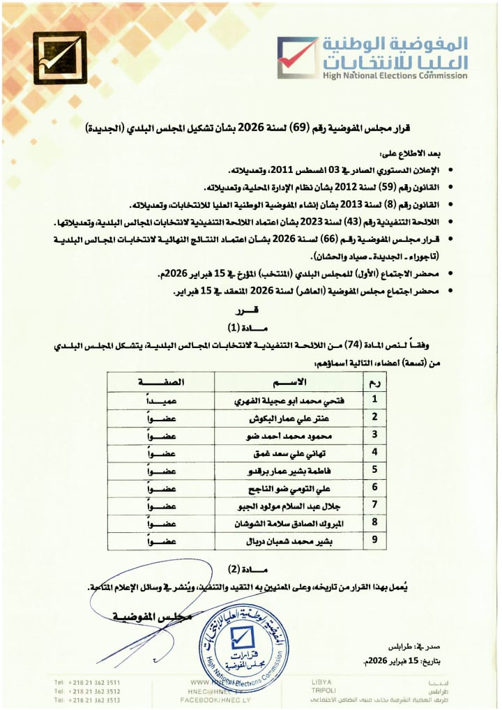 قرار مجلس المفوضية رقم (69) لسنة 2026 بشأن تشكيل المجلس (الجديدة)