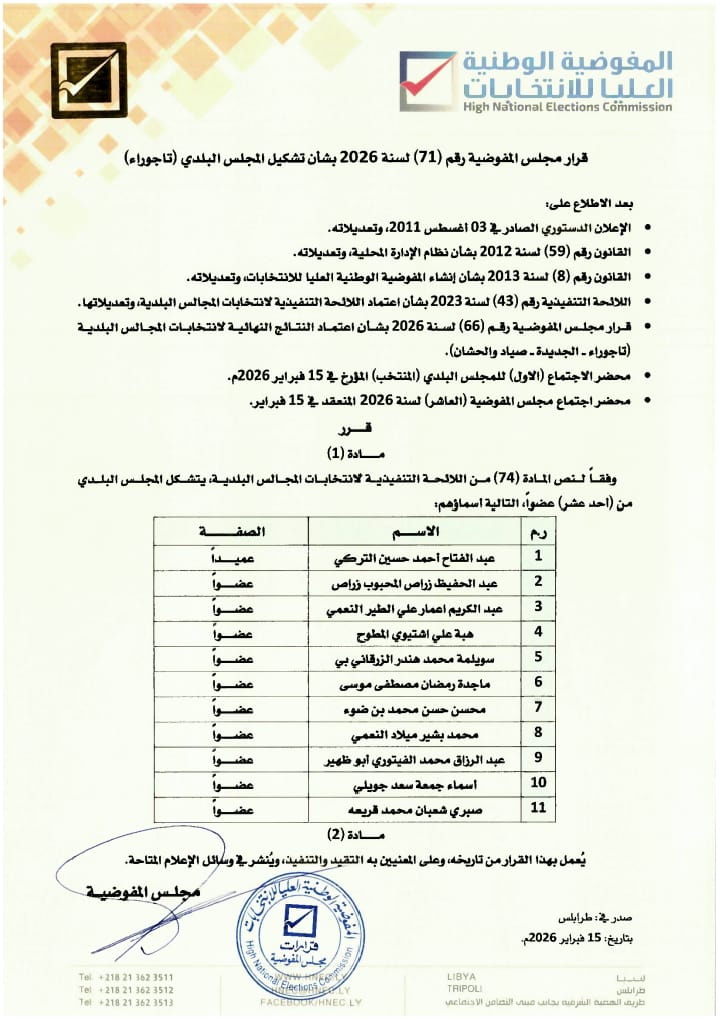 قرار مجلس المفوضية رقم (71) لسنة 2026 بشأن تشكيل المجلس (تاجوراء)