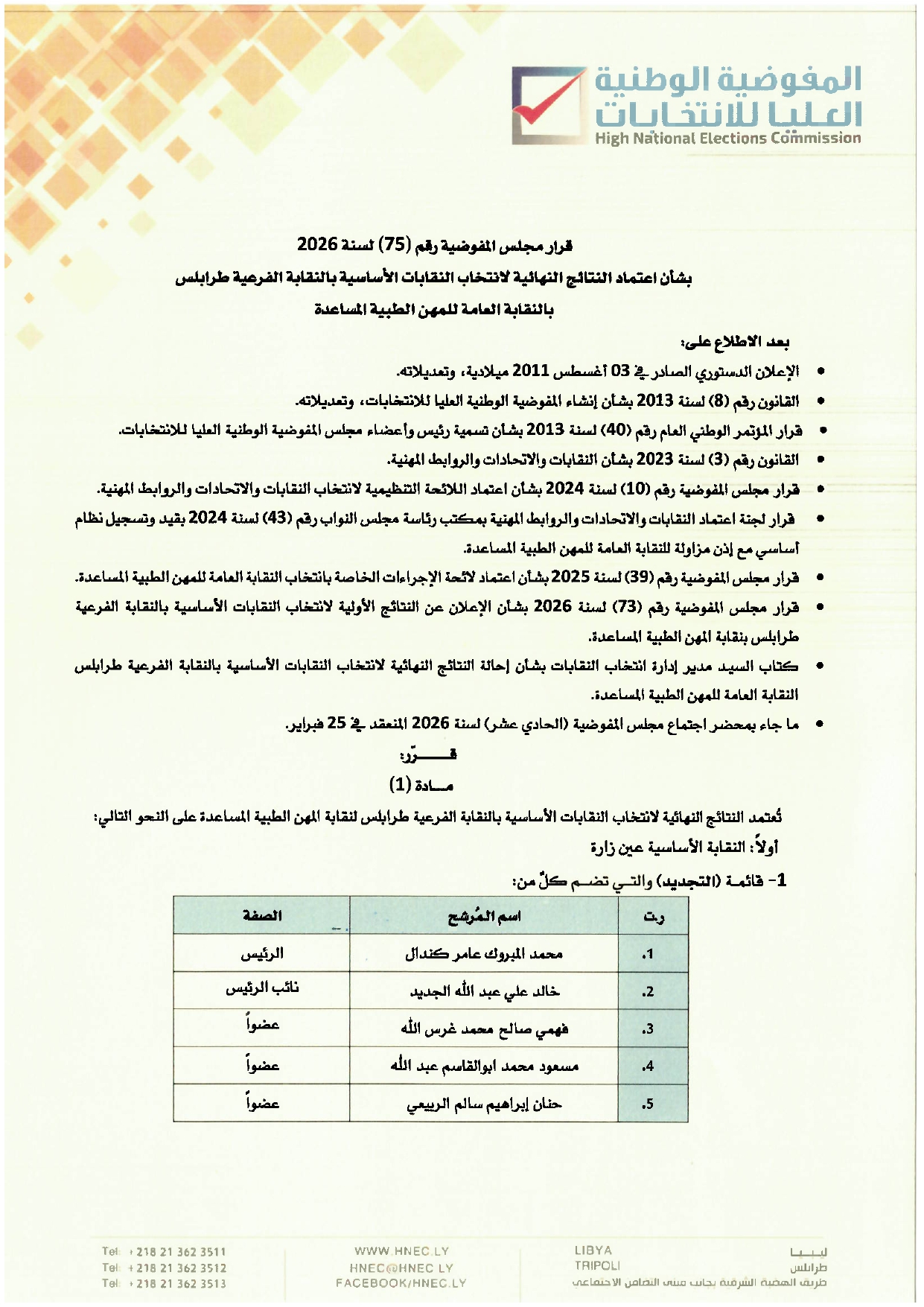 قرار مجلس المفوضية رقم (75) لسنة 2026 بشأن اعتماد النتائج النهائية لانتخاب النقابات الأساسية بالنقابة الفرعية طرابلس بالنقابة العامة للمهن الطبية المساعدة