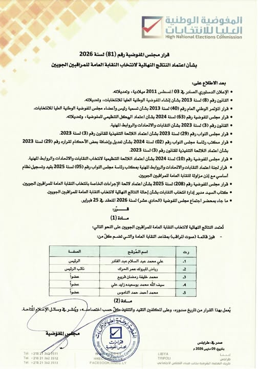 قرار  (81) لسنة 2026 بشأن اعتماد النتائج النهائية لانتخاب النقابة العامة للمراقبين الجويين