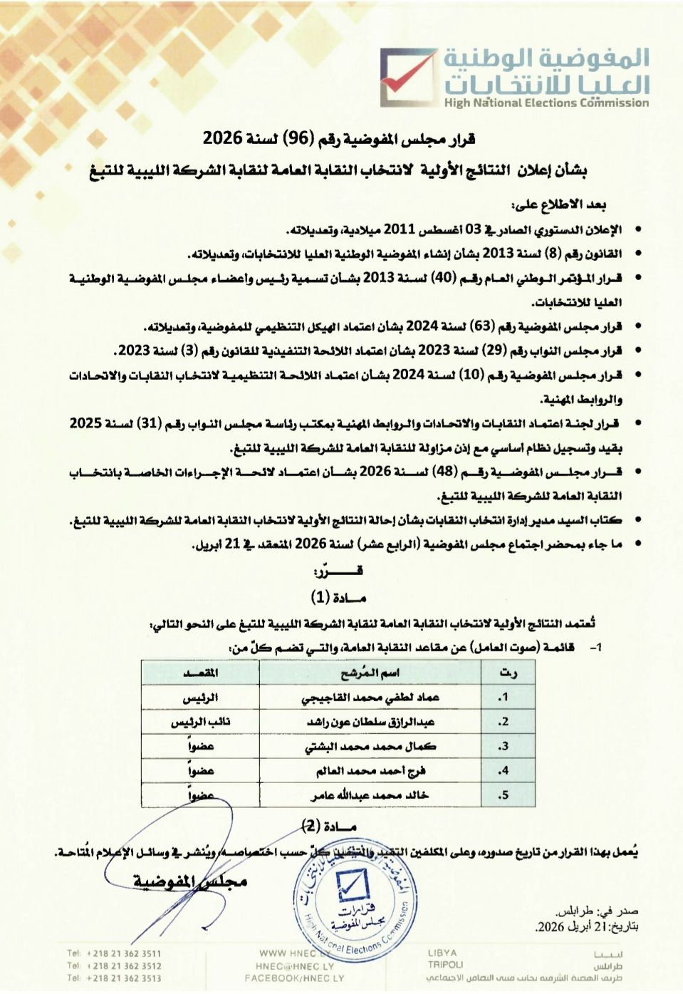 قرار مجلس المفوضية رقم (96) لسنة 2026 بشأن إعلان النتائج الأولية لانتخاب النقابة العامة لنقابة الشركة الليبية للتبغ