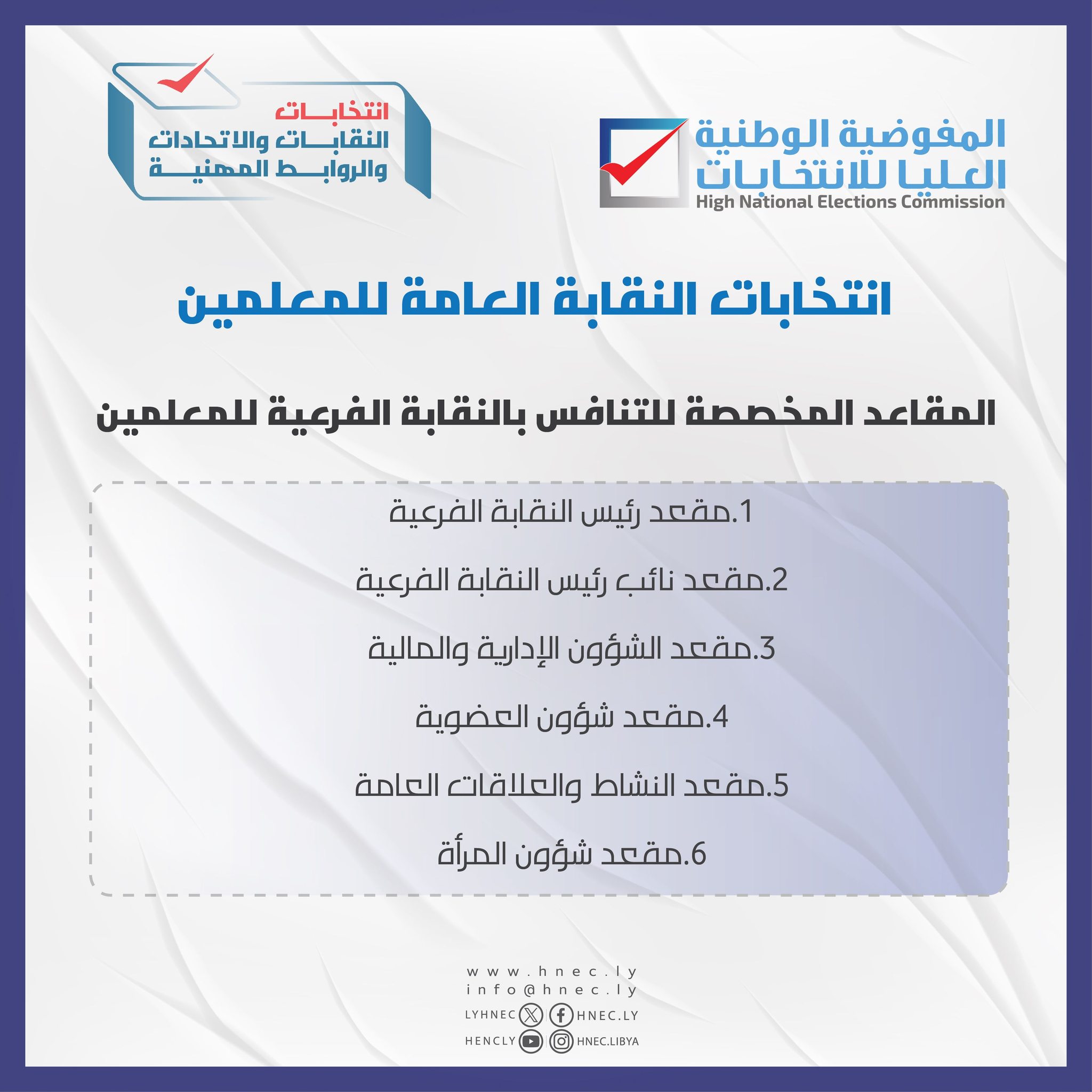 المقاعد المخصصة للتنافس بالنقابة الفرعية للمعلمين