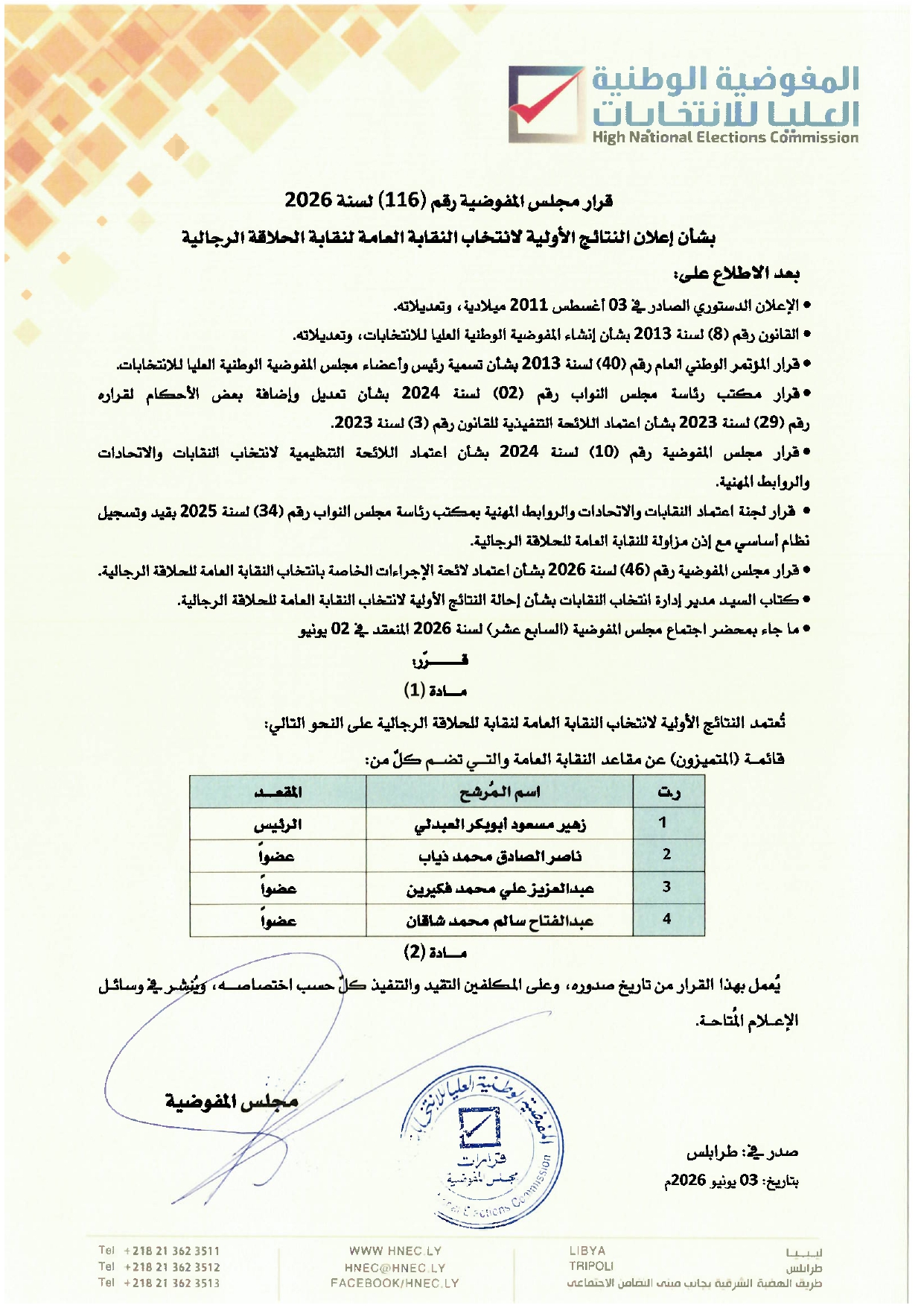 قرار رقم (116) لسنة 2026  بشأن إعلان النتائج الأولية لانتخاب النقابة العامة لنقابة الحلاقة الرجالية