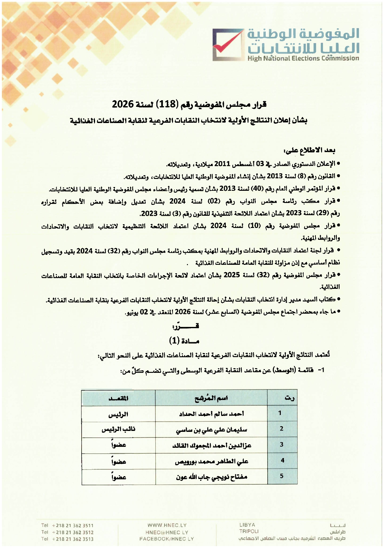 قرار رقم (118) لسنة 2026  بشأن إعلان النتائج الأولية لانتخاب النقابات الفرعية لنقابة الصناغات الغذائية