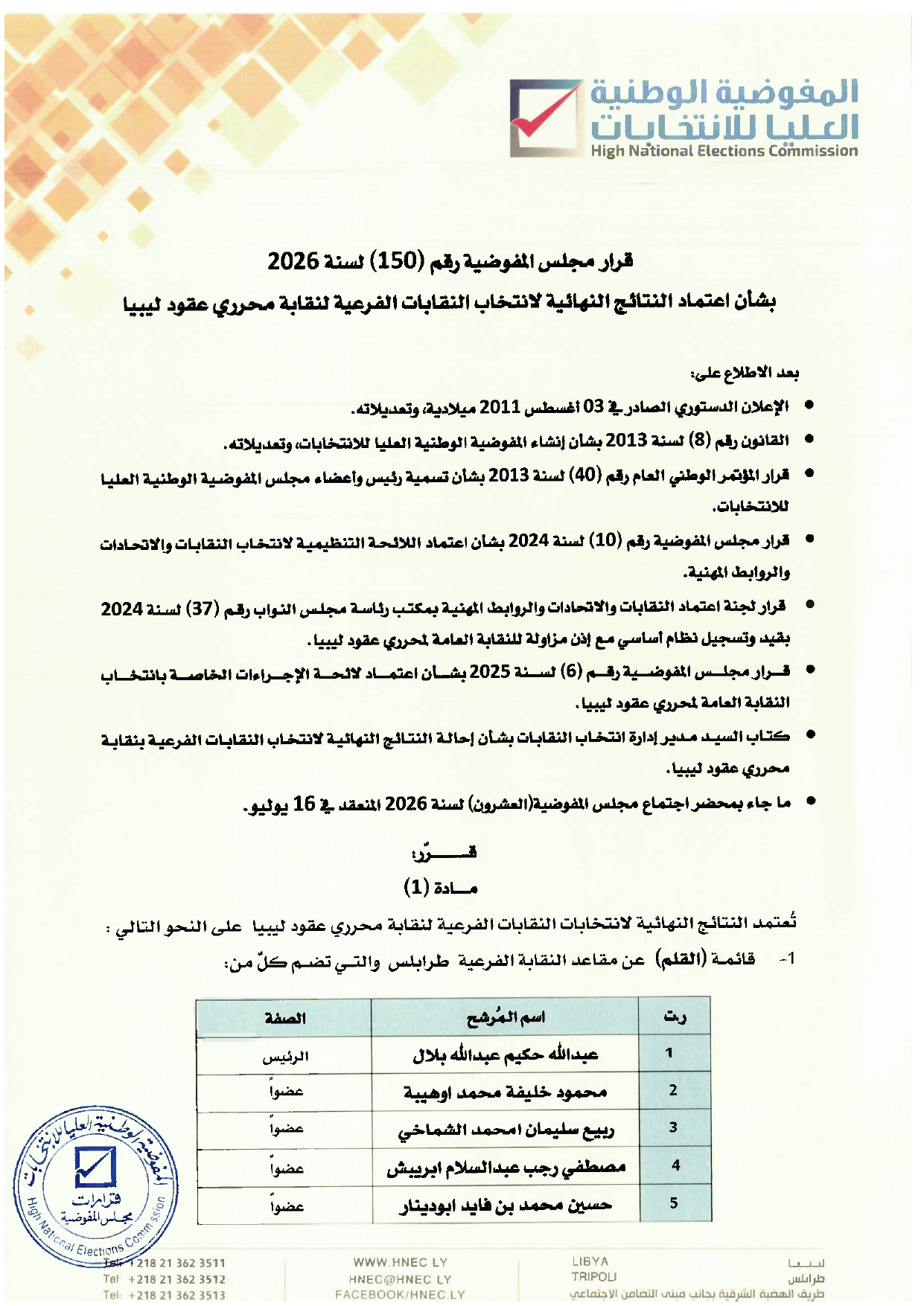 قرار مجلس المفوضية رقم ( 150 ) لسنة 2026  بشأن اعتماد النتائج النهائية لانتخاب النقابات الفرعية لنقابة محرري عقود ليبيا