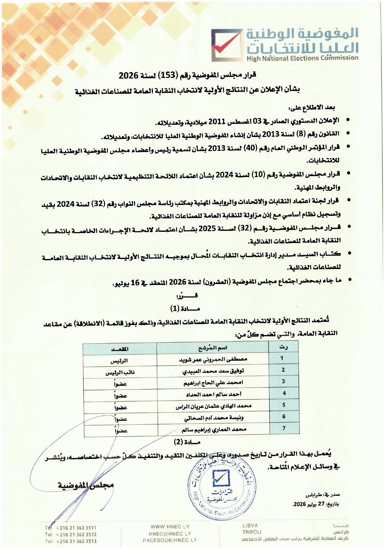 قرار مجلس المفوضية رقم ( 153 ) لسنة 2026  بشأن الإعلان عن النتائج الأولية لانتخاب النقابة العامة للصناعات الغذائية