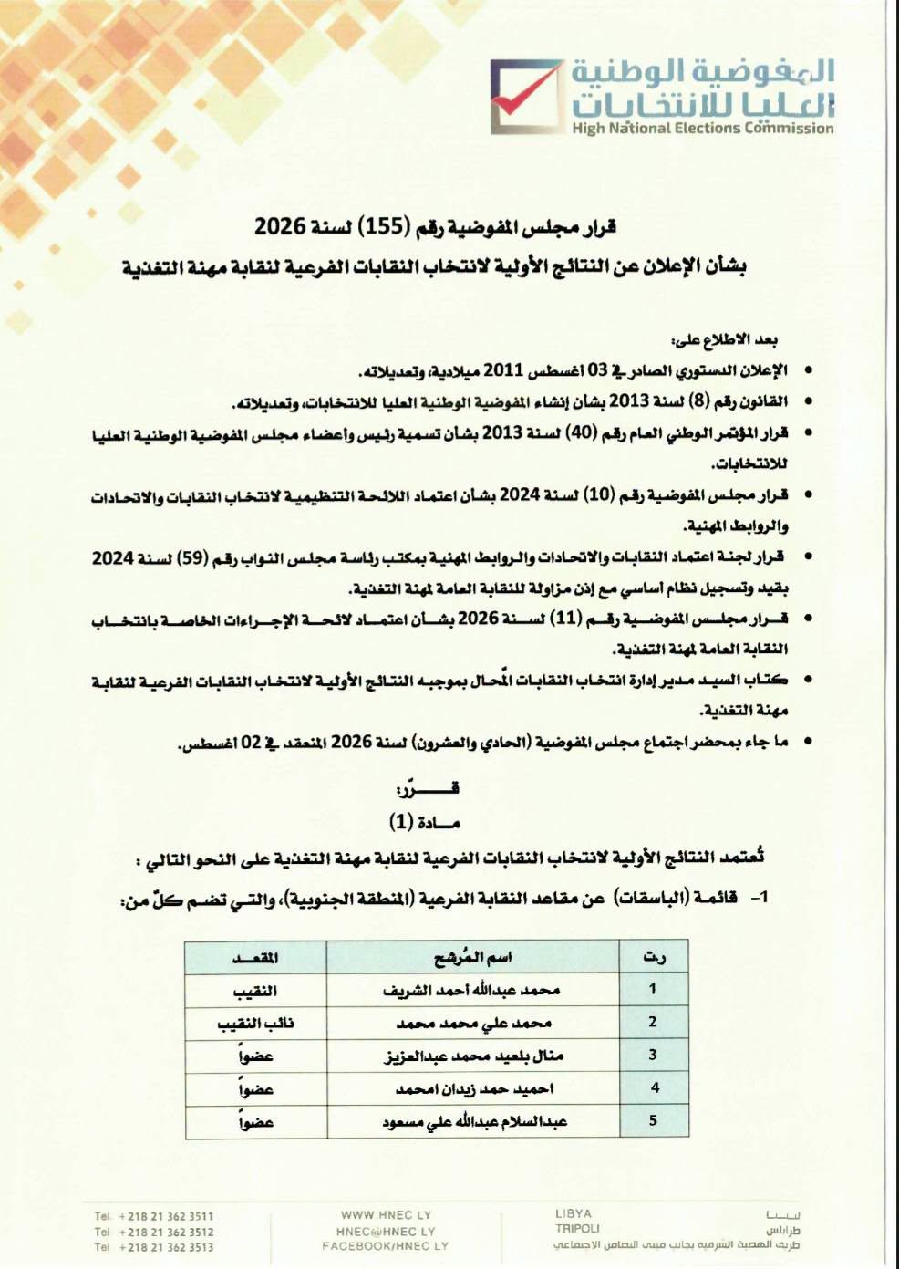 قرار مجلس المفوضية رقم ( 155 ) لسنة 2026