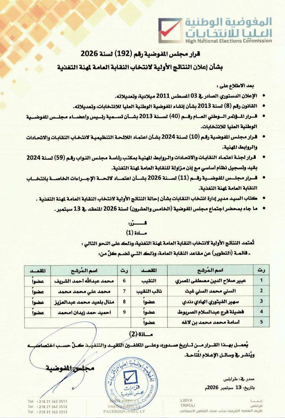 قرار رقم (192) لسنة 2026 بشأن إعلان النتائج الأولية لانتخاب النقابة العامة لمهنة التغذية