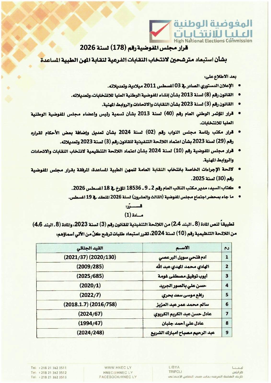 قرار مجلس المفوضية رقم (178) لسنة 2026.